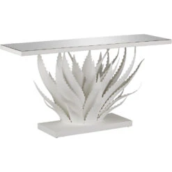 Agave 60.25 Inch Gesso White And Mirror Console Table, Marjorie Skouras Collection