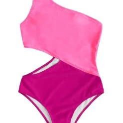 South Beach One Shoulder Cutout One Piece Swimsuit - Pink Or Black + White -Bezier shop 61FfArswIjL
