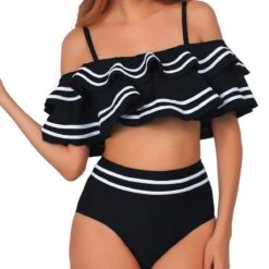 Señorita Off Shoulder Ruffle Top High Waisted Bikini - Black Or Navy
