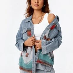 Dutton Aztec Print Denim Boyfriend Jacket