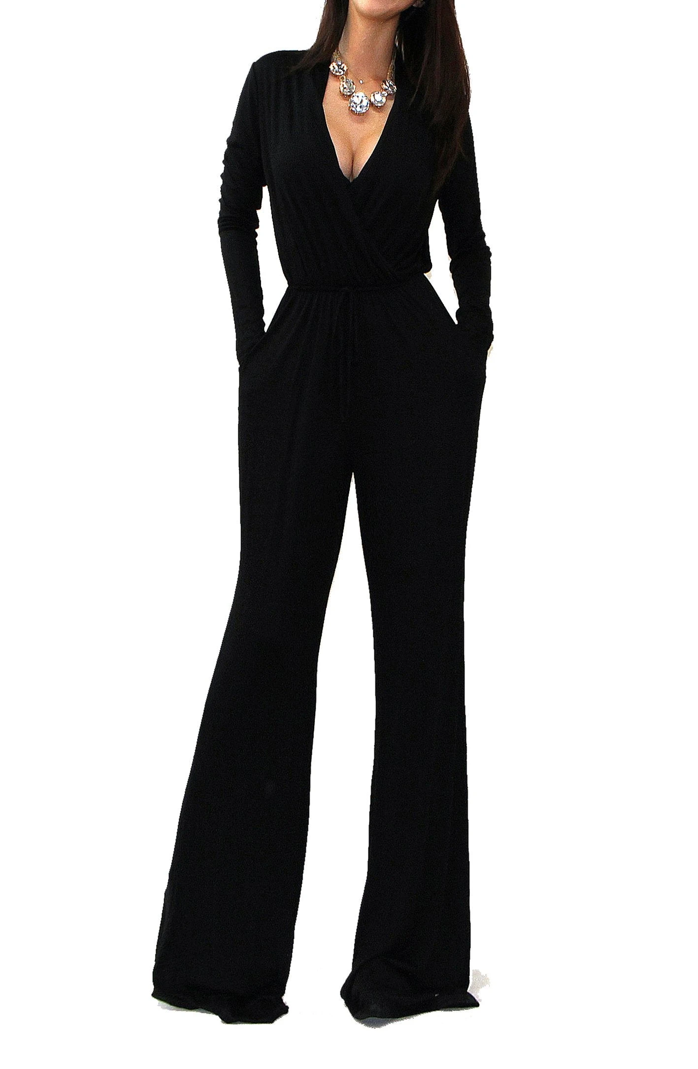 Uptown Wrap Top Wide Leg Long Sleeve Jumpsuit - Black 1 Uptown Wrap Top Wide Leg Long Sleeve Jumpsuit - Black