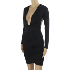 Nadia Long Sleeve Deep V Plunge Dress - Black -Bezier shop HTB17RRxjEl7MKJjSZFDq6yOEpXal
