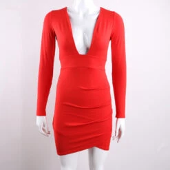 Nadia Long Sleeve Deep V Plunge Dress - Red 12 Nadia Long Sleeve Deep V Plunge Dress - Red -Bezier shop HTB1LpC6poF7MKJjSZFLq6AMBVXaL