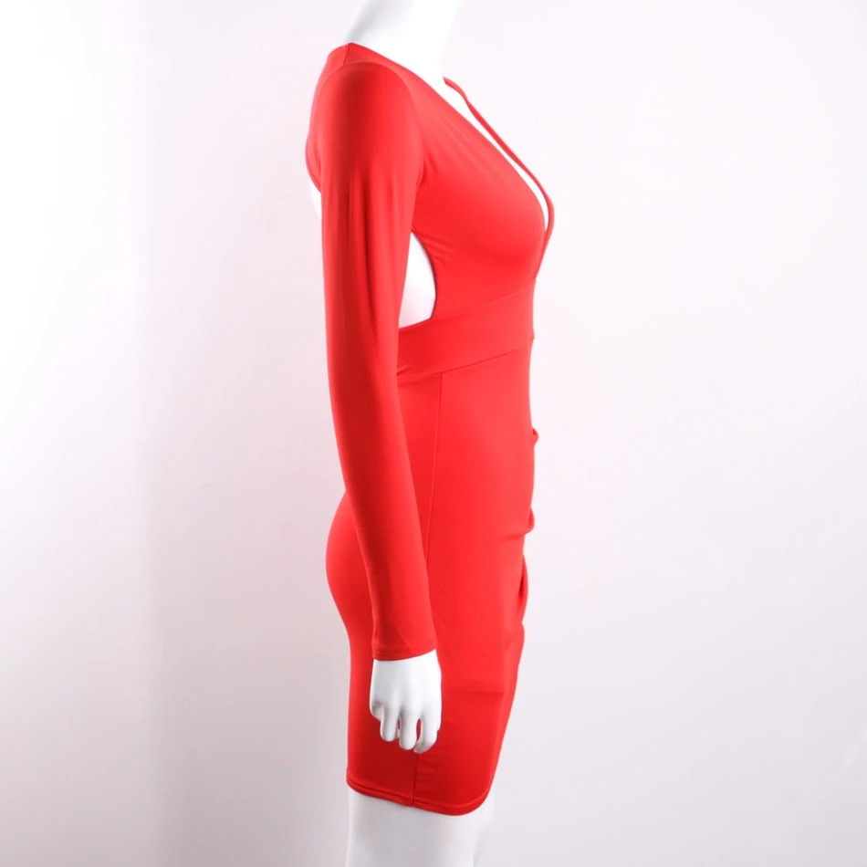 Nadia Long Sleeve Deep V Plunge Dress - Red 6 Nadia Long Sleeve Deep V Plunge Dress - Red - Image 6