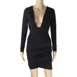 Nadia Long Sleeve Deep V Plunge Dress - Black -Bezier shop HTB1h74YgMn.PuJjSZFkq6A lpXa3
