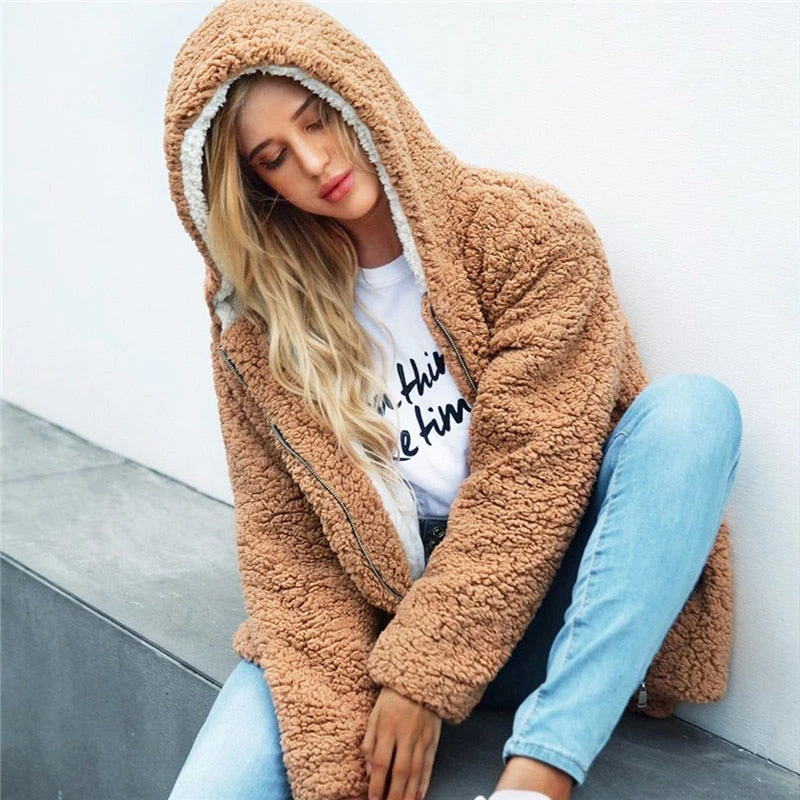 San Clemente Hooded Teddy Coat - Camel + White 4 San Clemente Hooded Teddy Coat - Camel + White - Image 4
